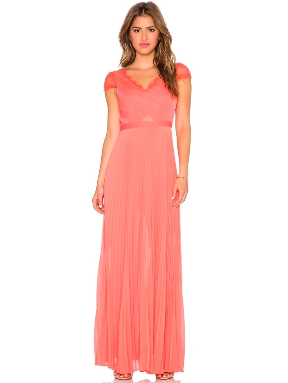 BCBGMaxAzria Coral Lace-Trim Pleated Maxi Dress Size 0